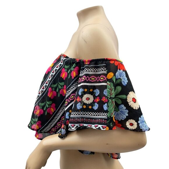 Show Me Your Mumu Boho Floral Off-Shoulder Cropped Flowy Top Black Multicolor M - Picture 3 of 10